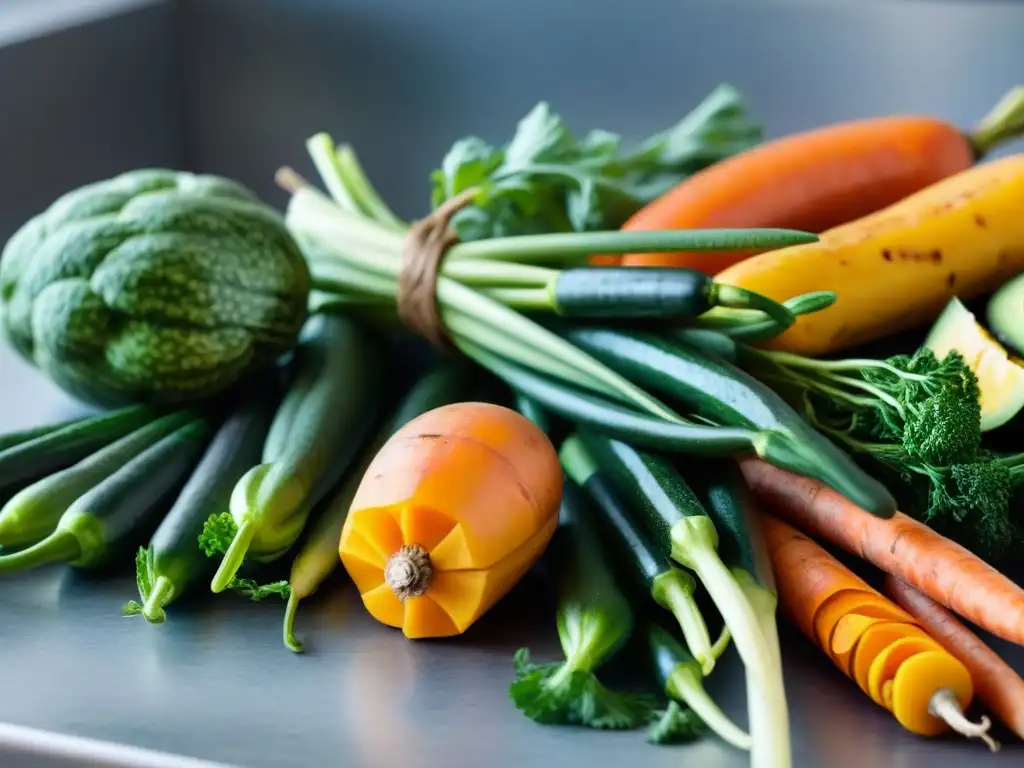 Una exquisita variedad de verduras espiralizadas en una encimera de cocina, ideal para recetas sin gluten con espiralizadores