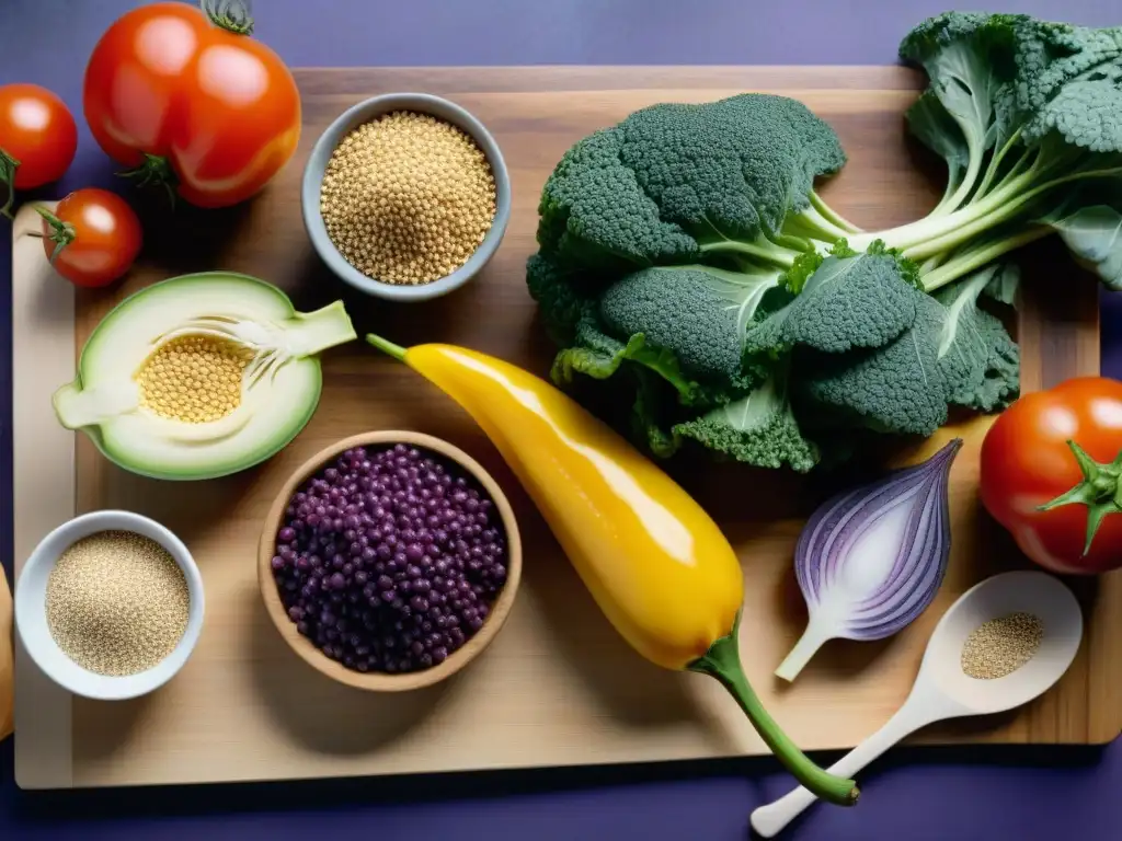 Una exquisita variedad de verduras frescas y granos sin gluten en una tabla de madera, inspirando recetas veganas sin gluten innovadoras