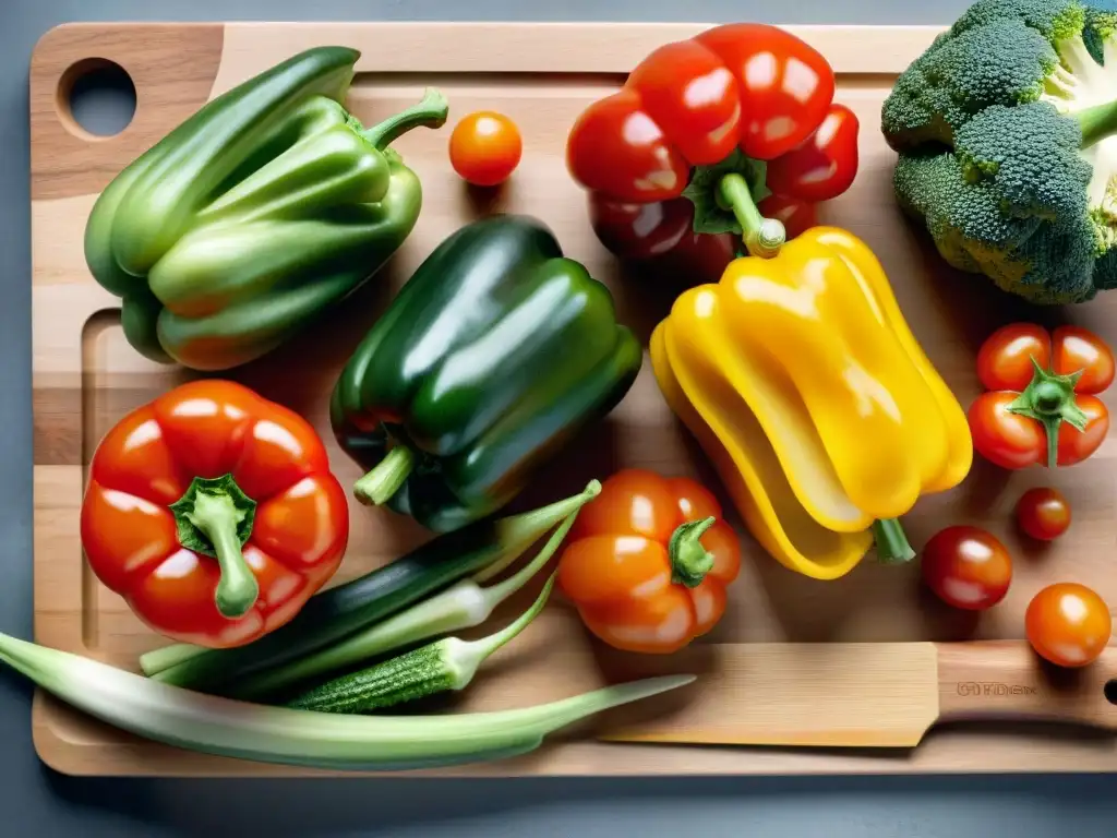 Una exquisita variedad de verduras frescas y vibrantes sobre tabla de cortar de madera