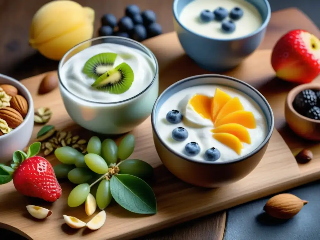 Exquisita variedad de yogures sin gluten: frescura y color Una exquisita variedad de yogures sin gluten con frutas frescas y frutos secos, en una tabla de madera