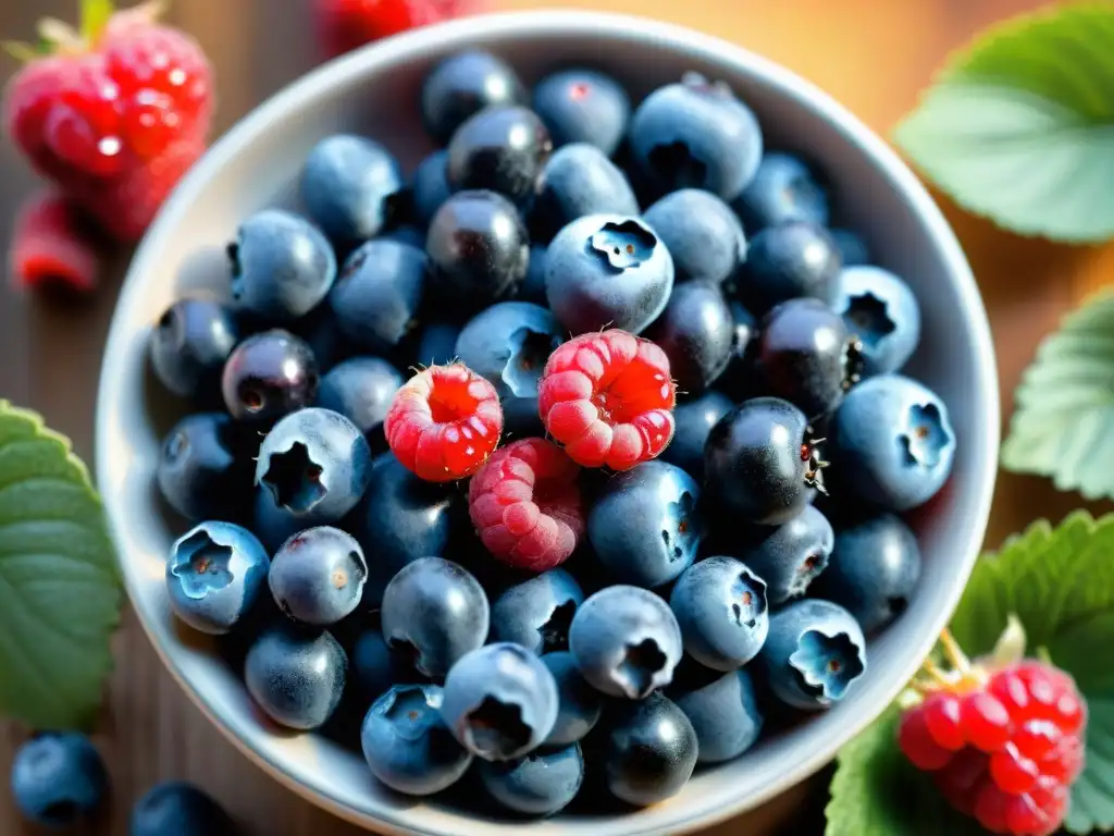 Una exquisita y vibrante mezcla de arándanos, frambuesas y moras frescas bajo la luz del sol, ideal para recetas con arándanos sin gluten