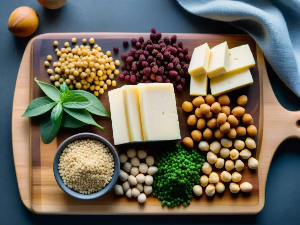 Una exquisita vista detallada de proteínas sin gluten alternativas en un tablero de madera