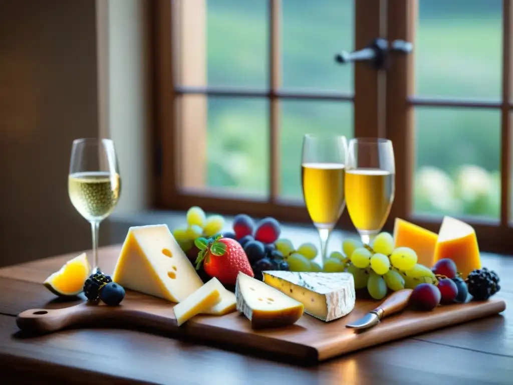 Exquisitas combinaciones vino comida sin gluten en tabla de quesos y frutas gourmet, servidas en copas de cristal, sobre mesa rústica iluminada naturalmente