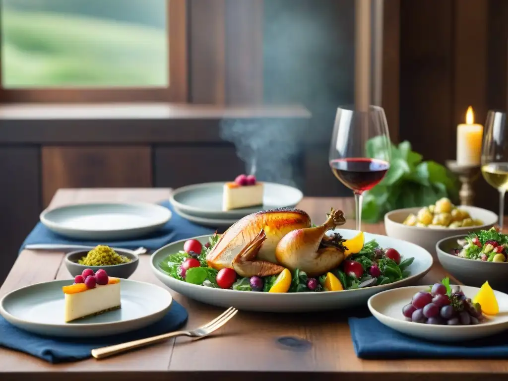 Exquisitas combinaciones vino comida sin gluten en mesa elegante con platos vibrantes y copas de vino