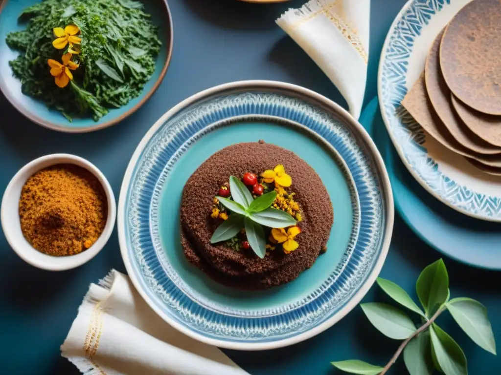 Deléitate con exquisitas recetas con teff sin gluten en una mesa decorada con platos tradicionales etíopes y exuberante vegetación