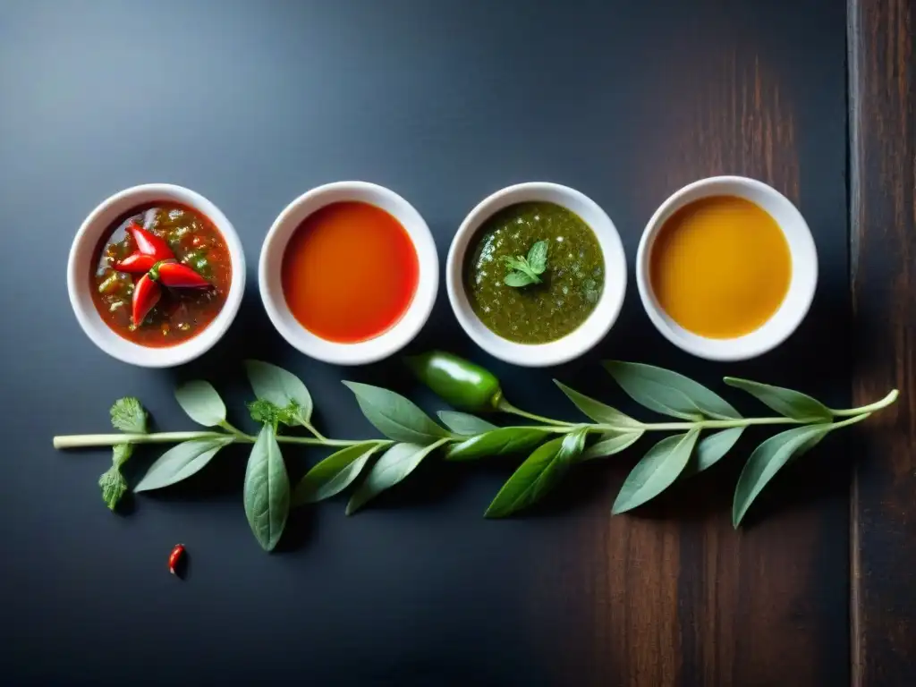 Exquisitas salsas de inmersión asiáticas sin gluten en mesa de madera oscura