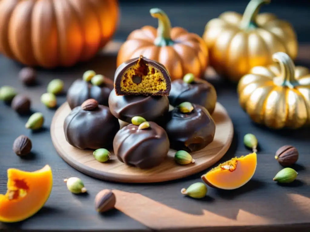 Exquisitas trufas de calabaza sin gluten en una mesa rústica iluminada, con chocolate, pistachos y hojas otoñales