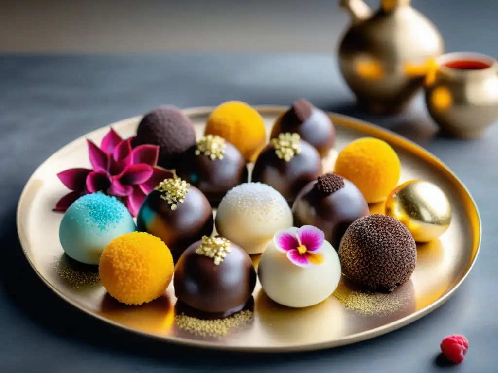 Exquisitas trufas sin gluten decoradas con lujo, en un elegante plato moderno