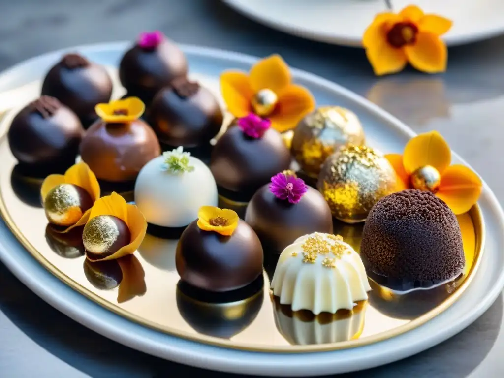 Exquisitas trufas sin gluten decoradas con chocolate y flores comestibles en plato de mármol