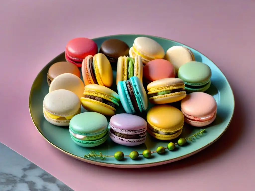 Un exquisito arreglo de macarons sin gluten en plato de porcelana, con colores vibrantes y sabores irresistibles