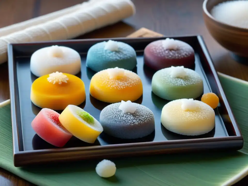 Un exquisito arreglo de Mochi sin gluten receta fácil en una bandeja japonesa lacada