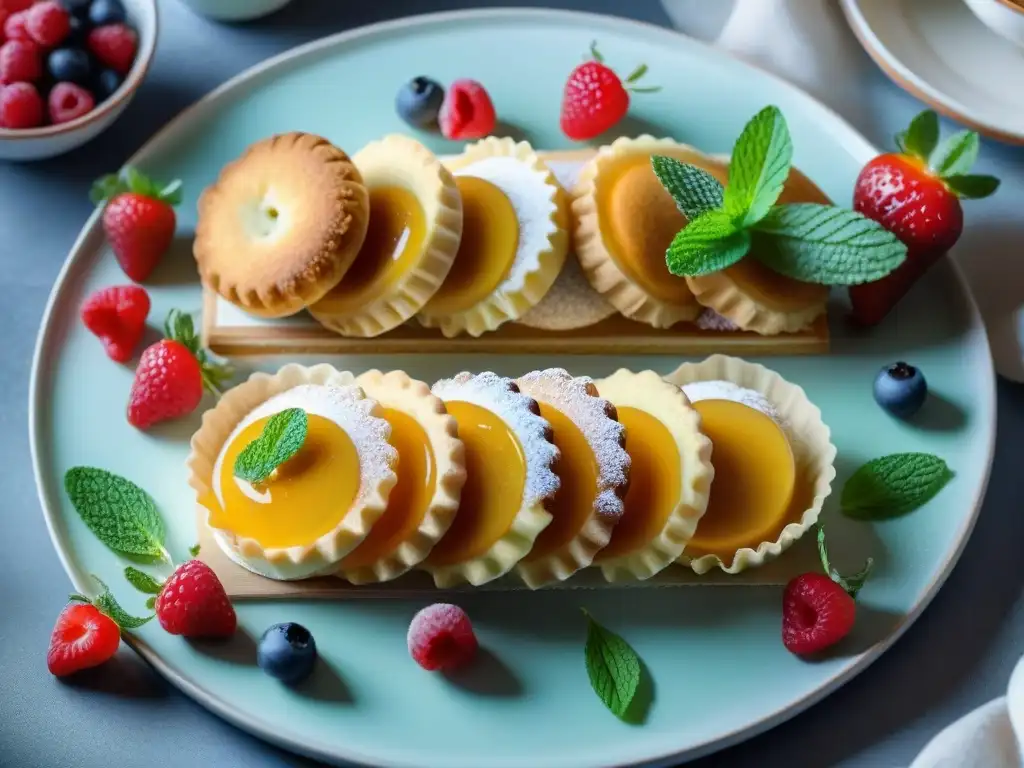 Un exquisito arreglo de postres sin gluten esponjosos, decorados con frutas frescas y hojas de menta, bañados en azúcar glass