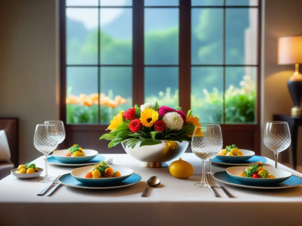 Un exquisito banquete sin gluten en una mesa elegante, con flores frescas y cristalería brillante