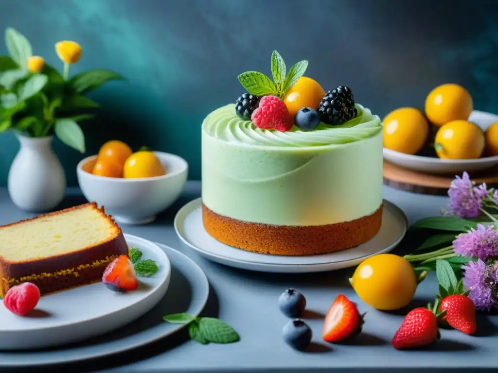 Un exquisito banquete con platos sin gluten, incluido un impresionante pastel decorado con frutas y hierbas frescas