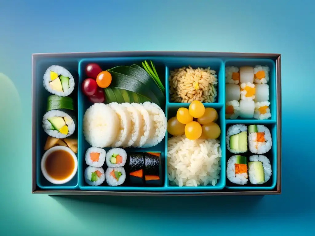 Un exquisito bento japonés con sushi, pollo teriyaki, verduras salteadas y arroz, una representación visual de recetas sin gluten con arroz