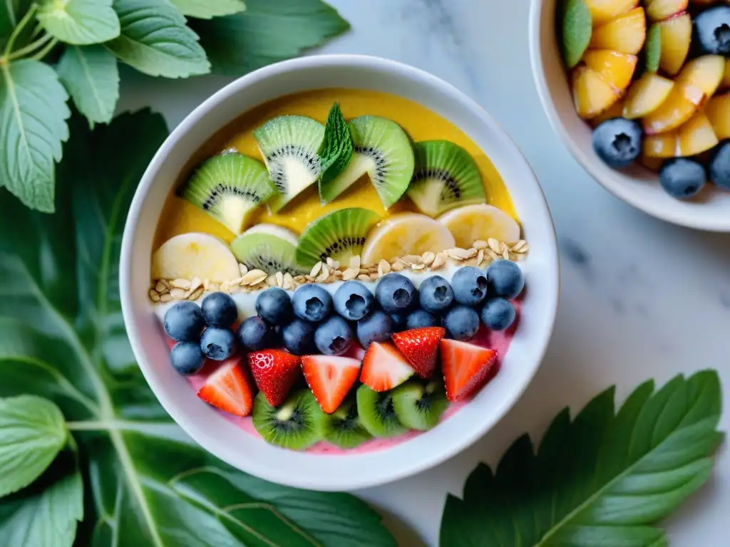 Un exquisito bowl de batido colorido y vibrante, repleto de frutas frescas y frutos secos, en un entorno natural