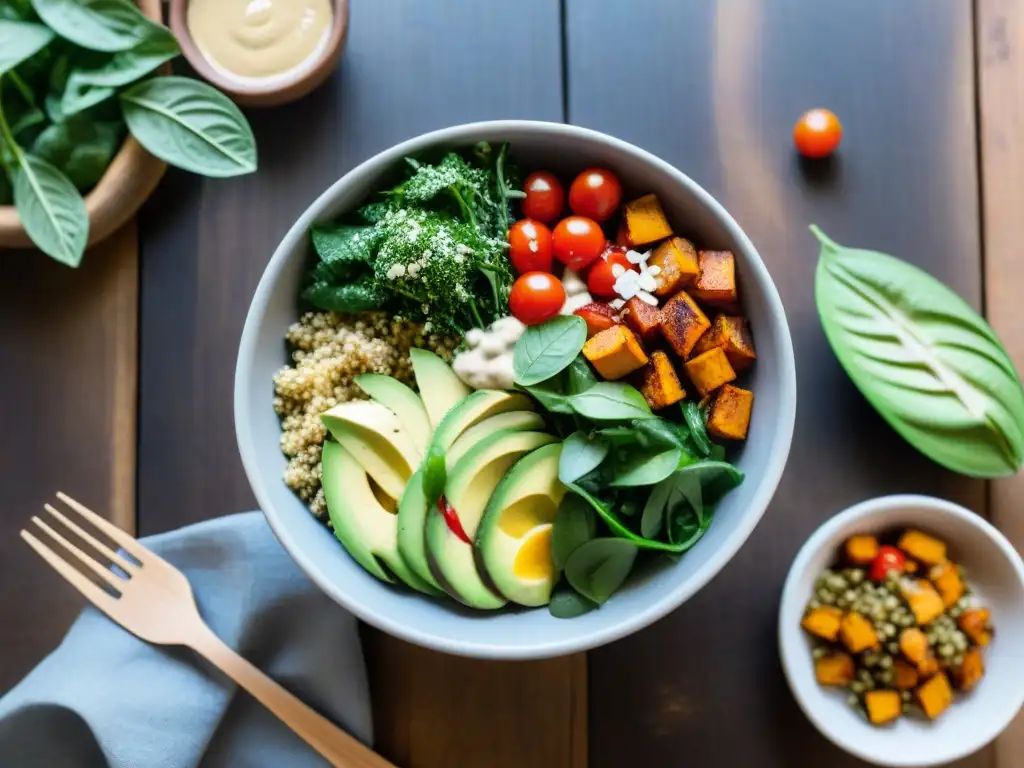 Un exquisito bowl Buddha lleno de ingredientes frescos sin gluten, con una presentación innovadora y saludable