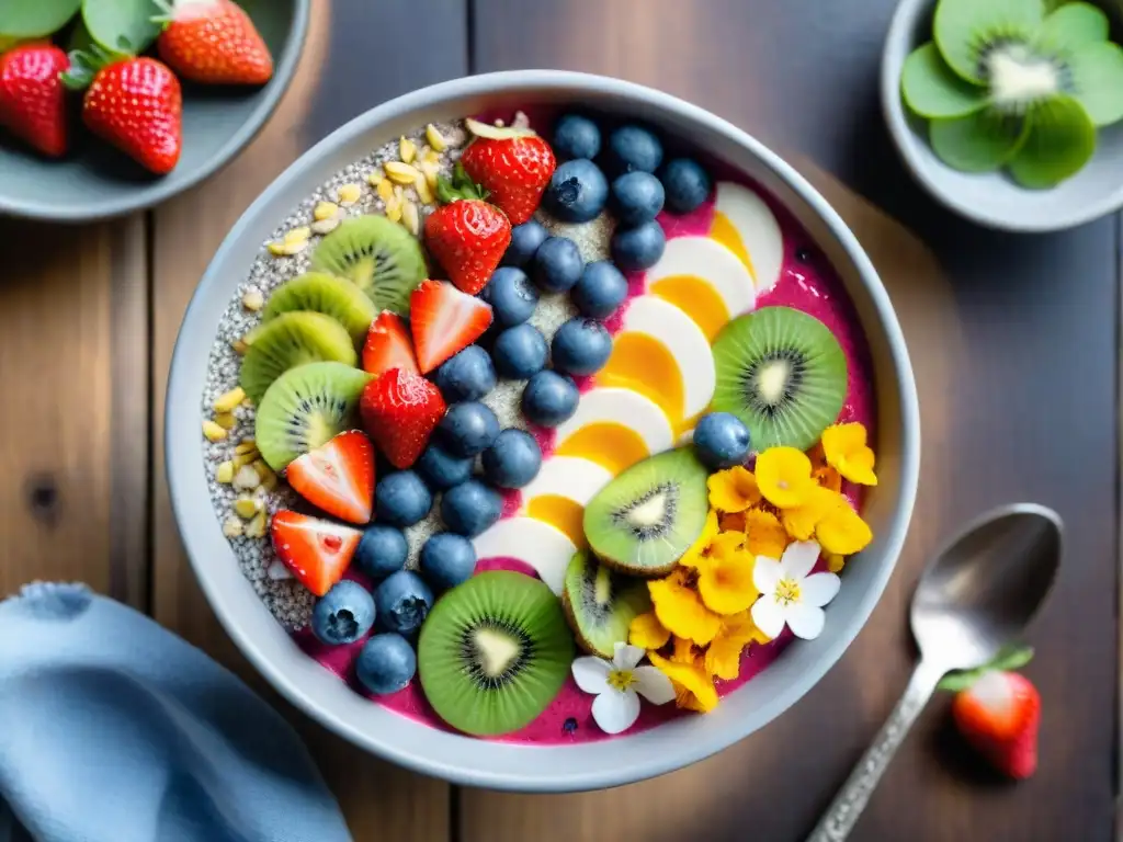 Un exquisito bowl de smoothie sin gluten, con frutas frescas y decorado con chía y coco