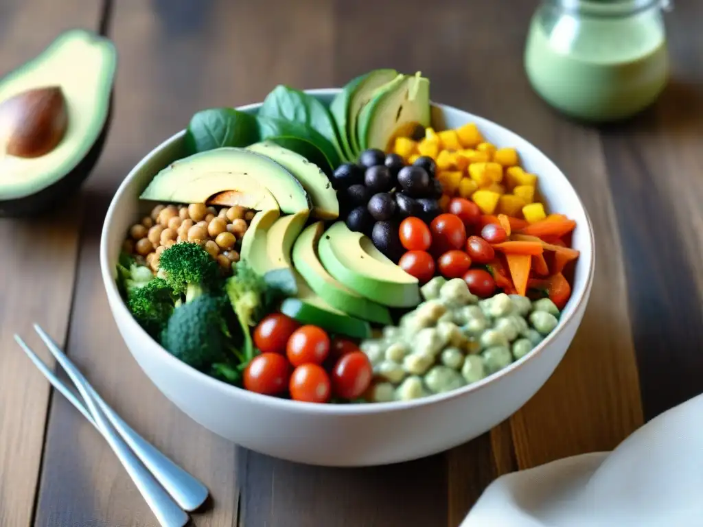 Exquisito bowl vegano sin gluten en mesa rústica rodeada de vegetación