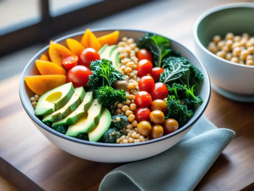 Un exquisito Buddha bowl vegano sin gluten post-entrenamiento, lleno de colores y sabores