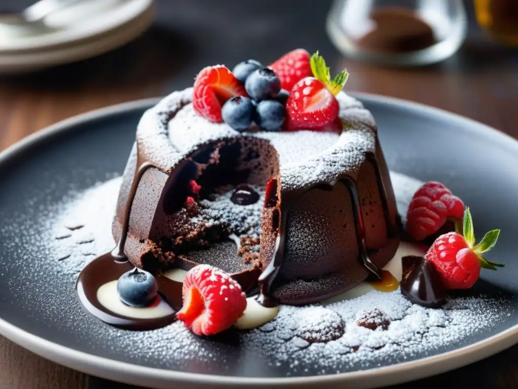 Un exquisito lava cake de chocolate sin gluten con frutos rojos frescos y azúcar glass