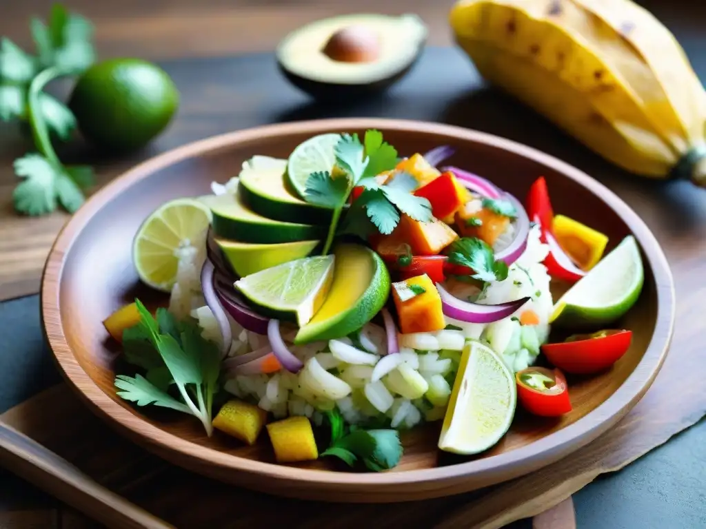 Exquisito ceviche peruano sin gluten en mesa rústica, con frescura y arte culinario