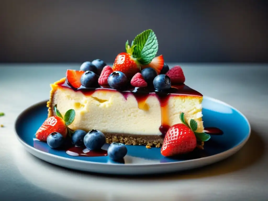 Un exquisito cheesecake sin gluten con frutos rojos y caramelo