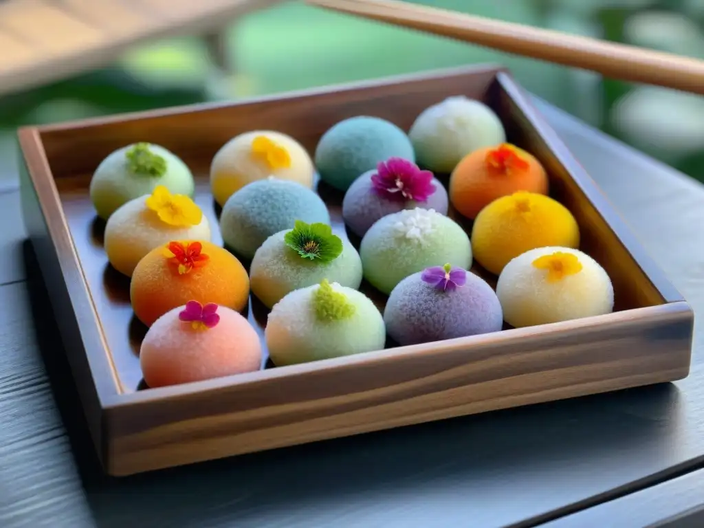 Un exquisito y colorido lote de mochis sin gluten, decorados con matcha, coco y flores comestibles en una bandeja de madera japonesa