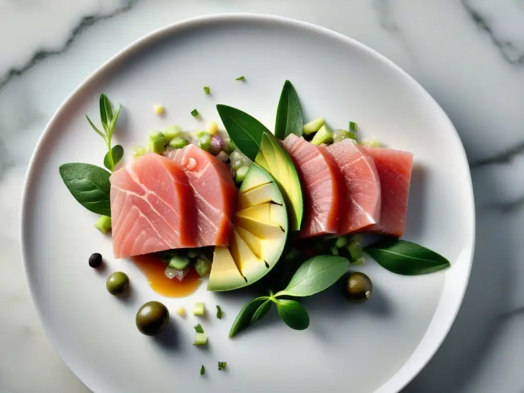 Un exquisito y colorido montaje de ingredientes frescos para tartar sin gluten sobre una elegante encimera de mármol