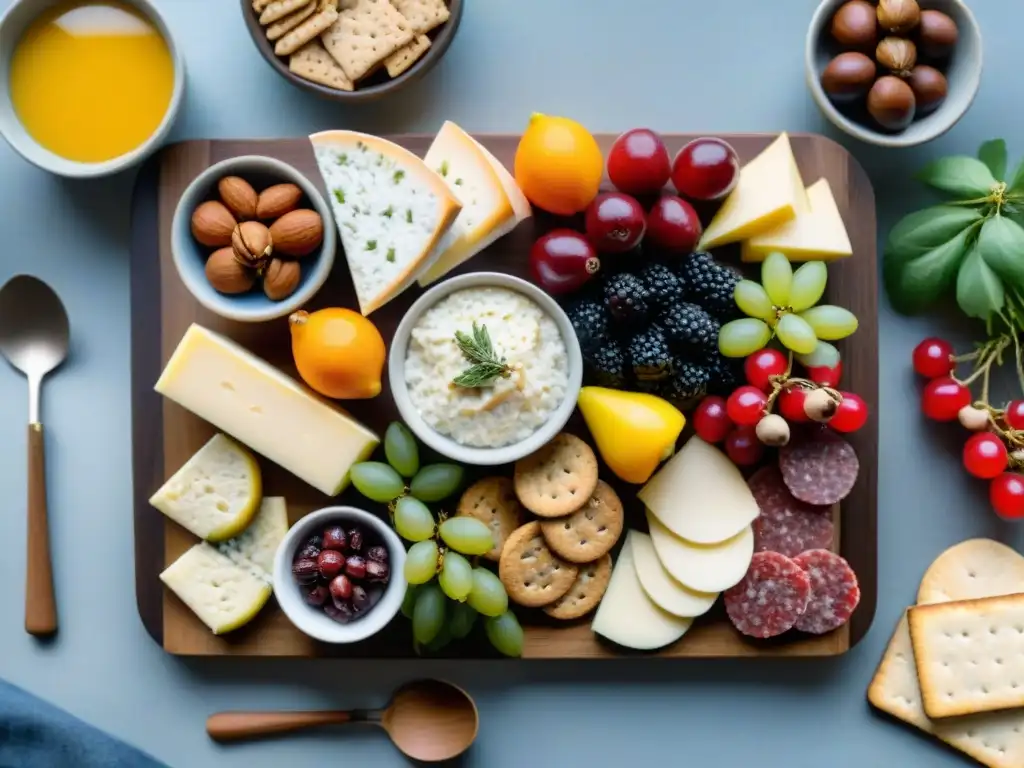 Un exquisito y colorido tablero de embutidos con variedad de sabores y texturas, ideal para inspirar snacks rápidos sin gluten creativos