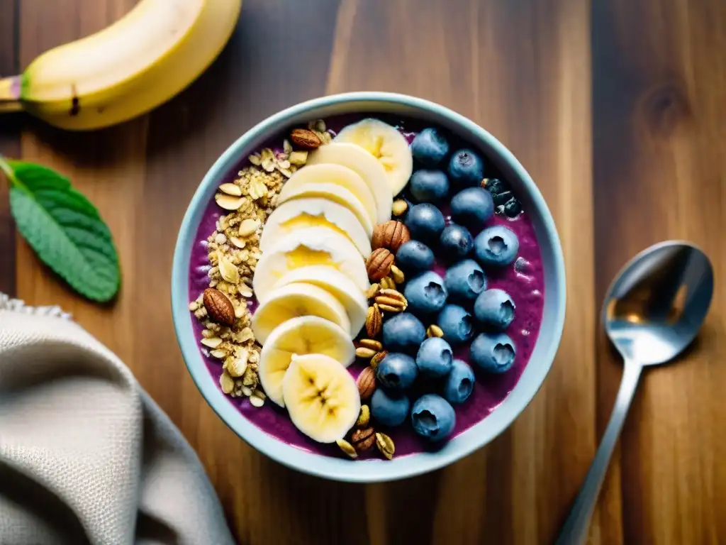 Un exquisito desayuno vegano sin gluten lleno de energía: bowl de açaí con plátano, arándanos, granola, miel y menta fresca