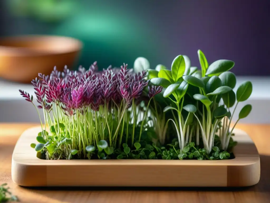 Un exquisito y detallado arreglo de microverduras sin gluten sobre tabla de madera, transmitiendo frescura y salud