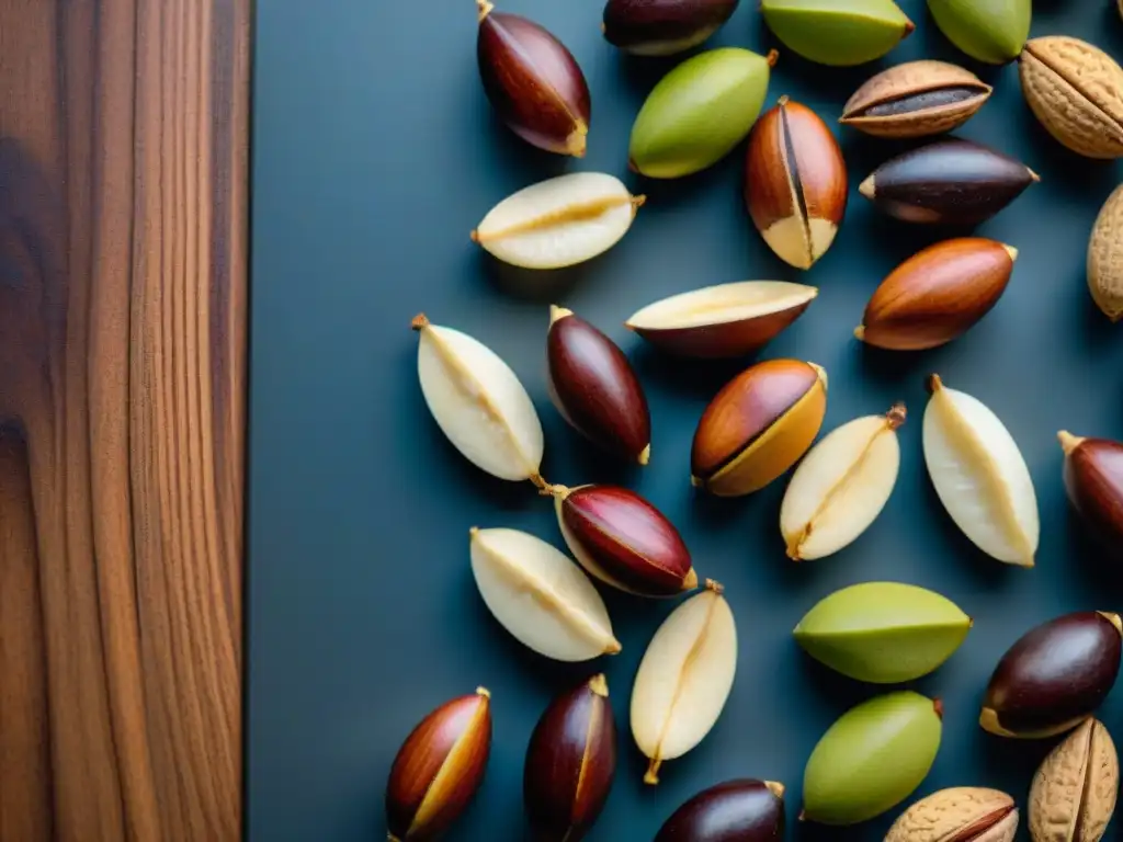 Un exquisito y detallado arreglo de Nueces de Brasil sin gluten en una moderna encimera de cocina de madera