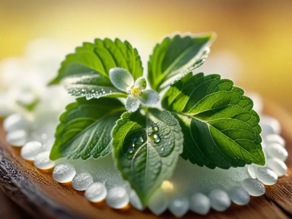 Un exquisito y detallado retrato fotorealista de una planta de stevia verde exuberante brillando con gotas de rocío bajo la suave luz matutina, mostrando la belleza y dulzura natural de este edulcorante natural sin gluten