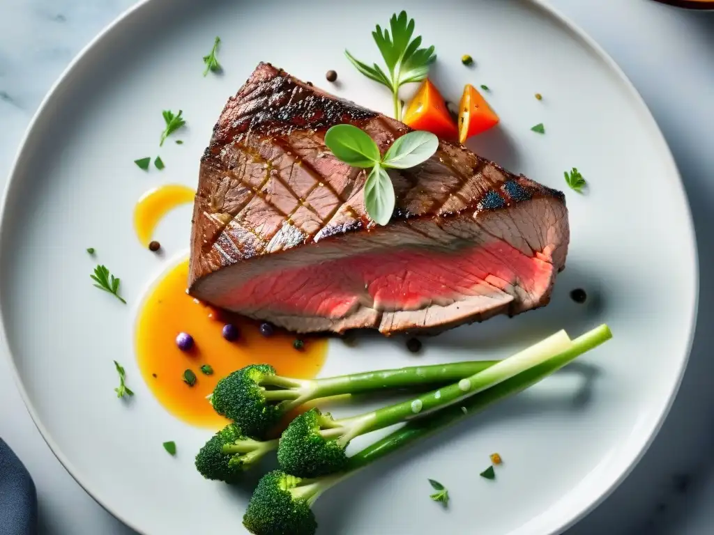 Un exquisito filete sous vide con vegetales vibrantes y decoración elegante