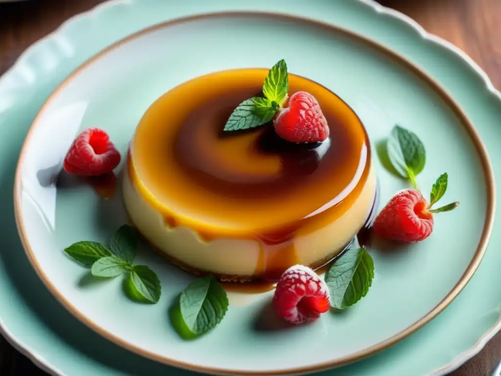 Un exquisito flan sin gluten, caramelizado y decorado con frambuesas y hojas de menta