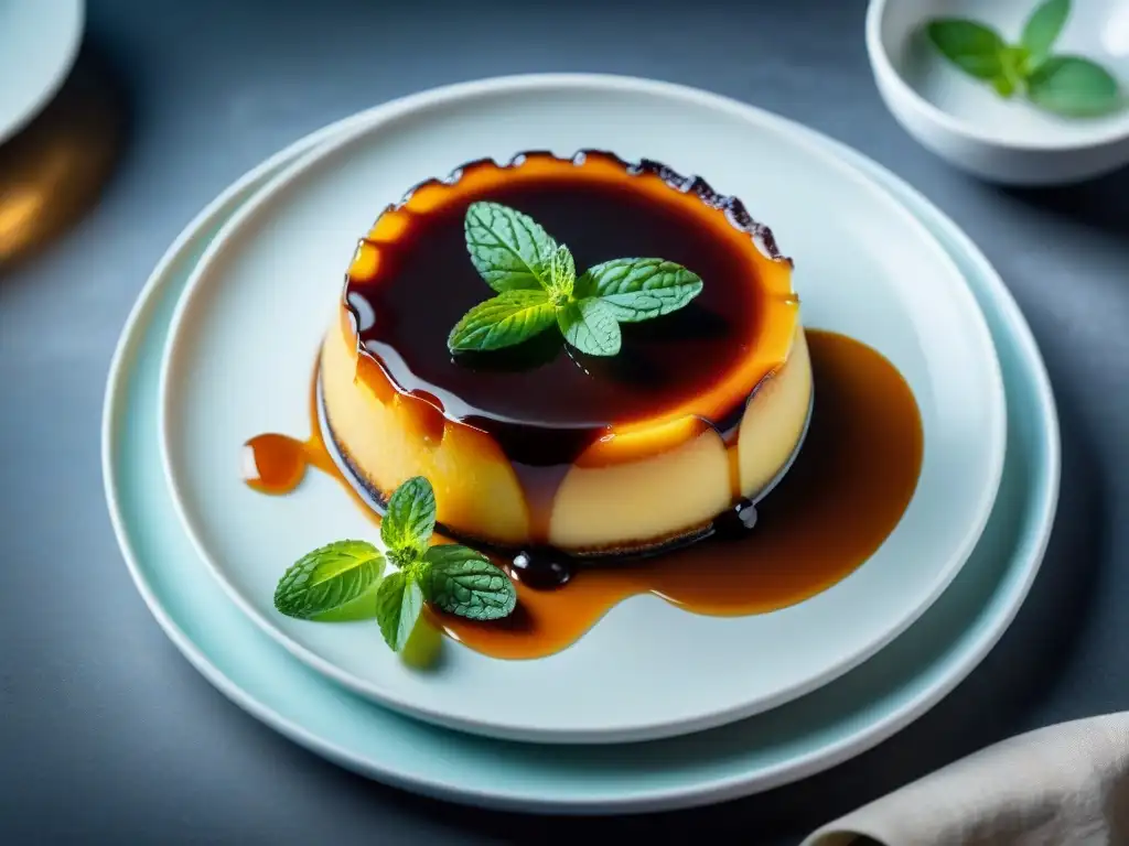 Un exquisito flan sin gluten, caramelizado y decorado con frutas y menta