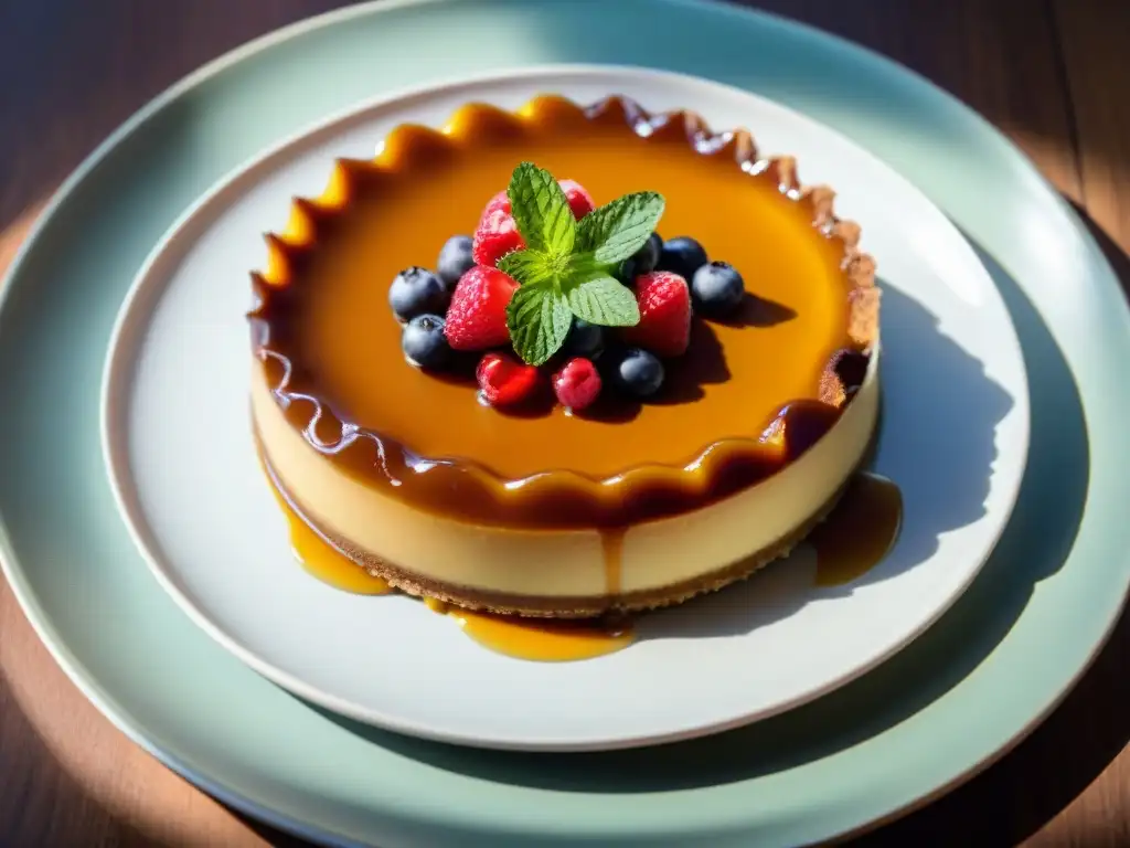 Un exquisito flan sin gluten con caramelo, bayas frescas y menta en un plato de porcelana, sobre una mesa rústica