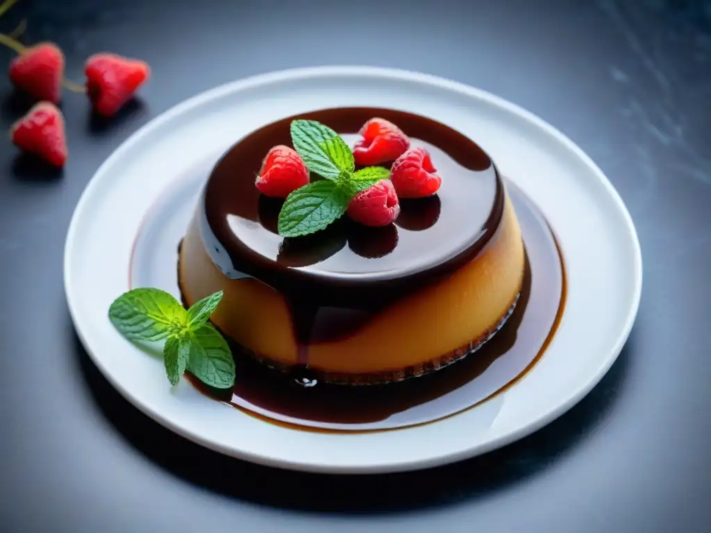 Exquisito flan sin gluten decorado con caramelo, frambuesas y menta sobre plato blanco, fondo de mármol oscuro