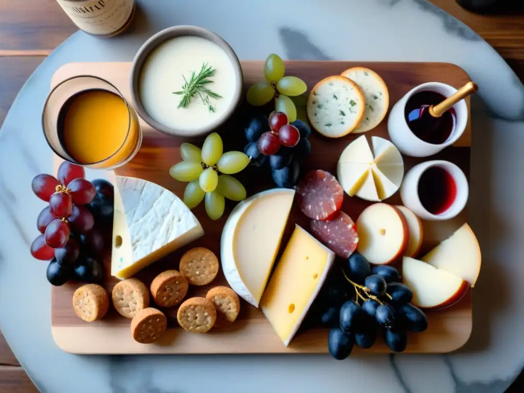 Tablero sofisticado de quesos, embutidos y vinos gourmet sin gluten Exquisito maridaje sin gluten y alcohol en tabla rústica con quesos, embutidos, frutas y bebidas