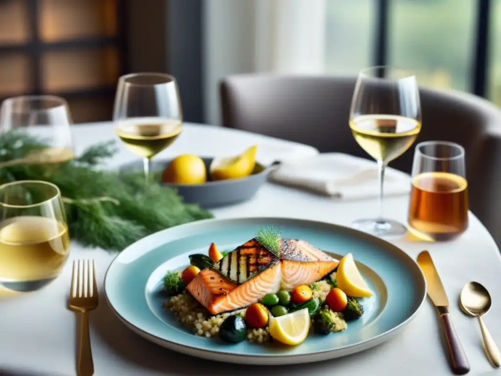 Exquisito maridaje vinos sin gluten en elegante mesa con platos variados y vinos sofisticados, bañados en luz natural