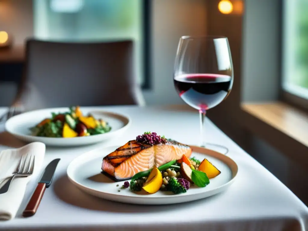 Exquisito maridaje vinos sin gluten con salmón, quinoa y vegetales, en mesa elegante y soleada