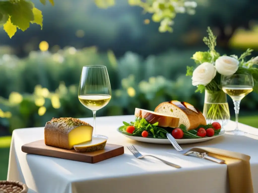 Un exquisito maridaje de vinos y platos sin gluten en un jardín soleado, con copas de vino blanco y delicias culinarias