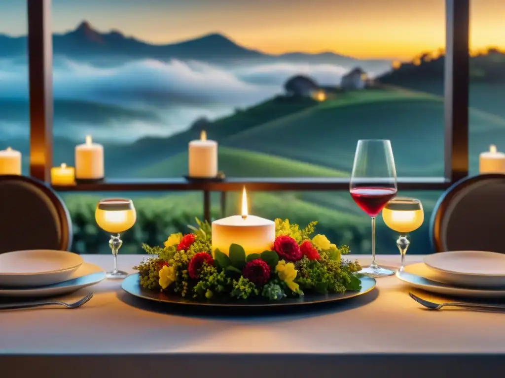 Exquisito maridaje vinos platos sin gluten en mesa elegante con luz de velas y flores