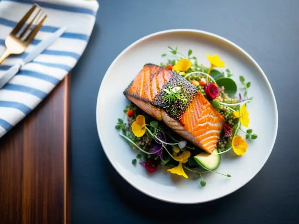 Un exquisito menú gourmet sin gluten innovador: quinua, salmón, aguacate y flores comestibles en un plato blanco sobre mesa de madera