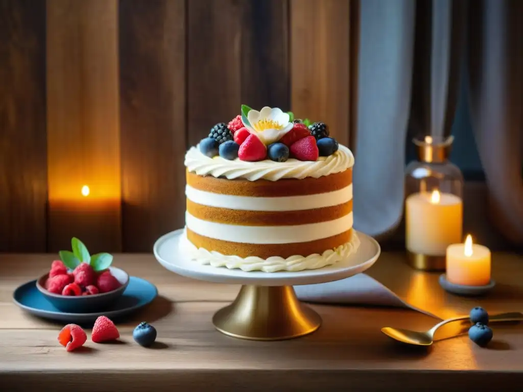 Un exquisito pastel de aniversario sin gluten decorado con flores y bayas, en una mesa romántica iluminada a la luz de las velas