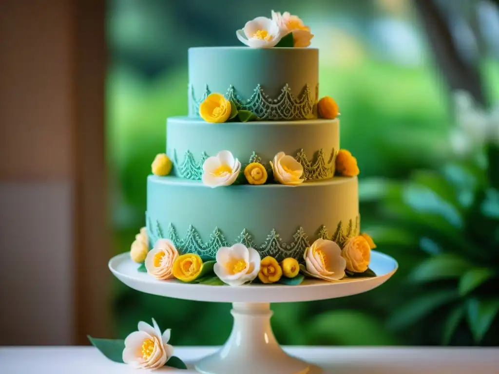 Un exquisito pastel de bodas sin gluten adornado con flores de azúcar en tonos suaves, en un jardín soleado