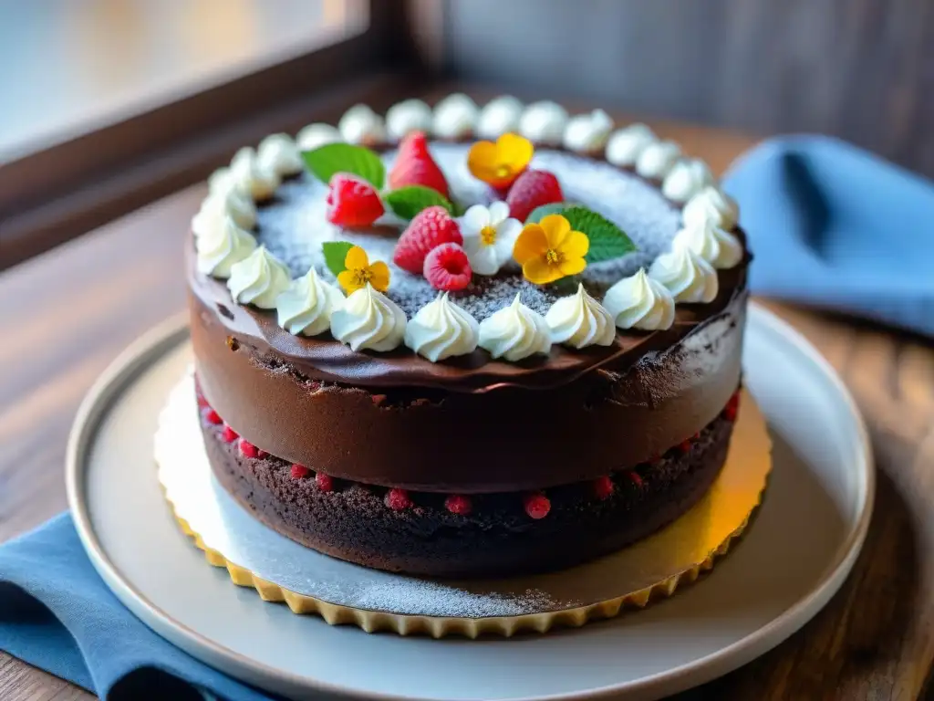 Exquisito pastel de chocolate y frambuesa sin gluten con flores comestibles, frambuesas frescas y azúcar glas, en mesa rústica con luz natural