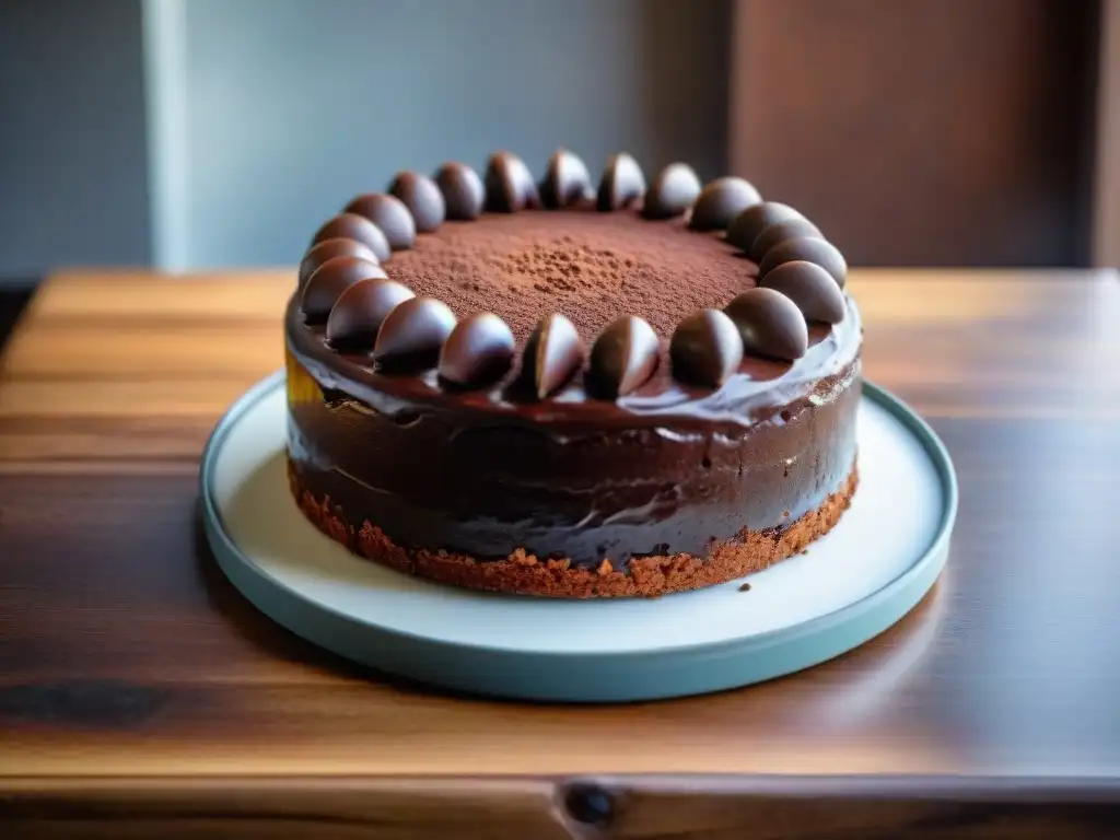 Un exquisito pastel de chocolate sin gluten hecho con harina de algarrobo, cubierto de ganache y decorado con virutas de algarrobo