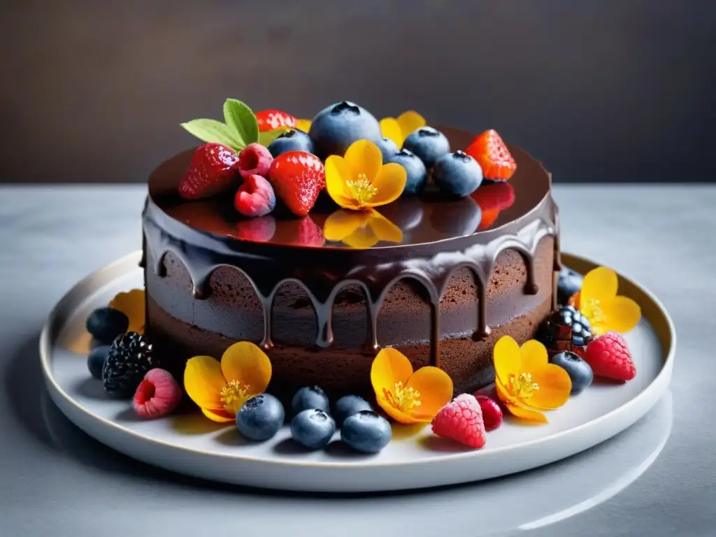 Un exquisito pastel de chocolate sin gluten, innovador y delicioso, decorado con frutas y flores comestibles